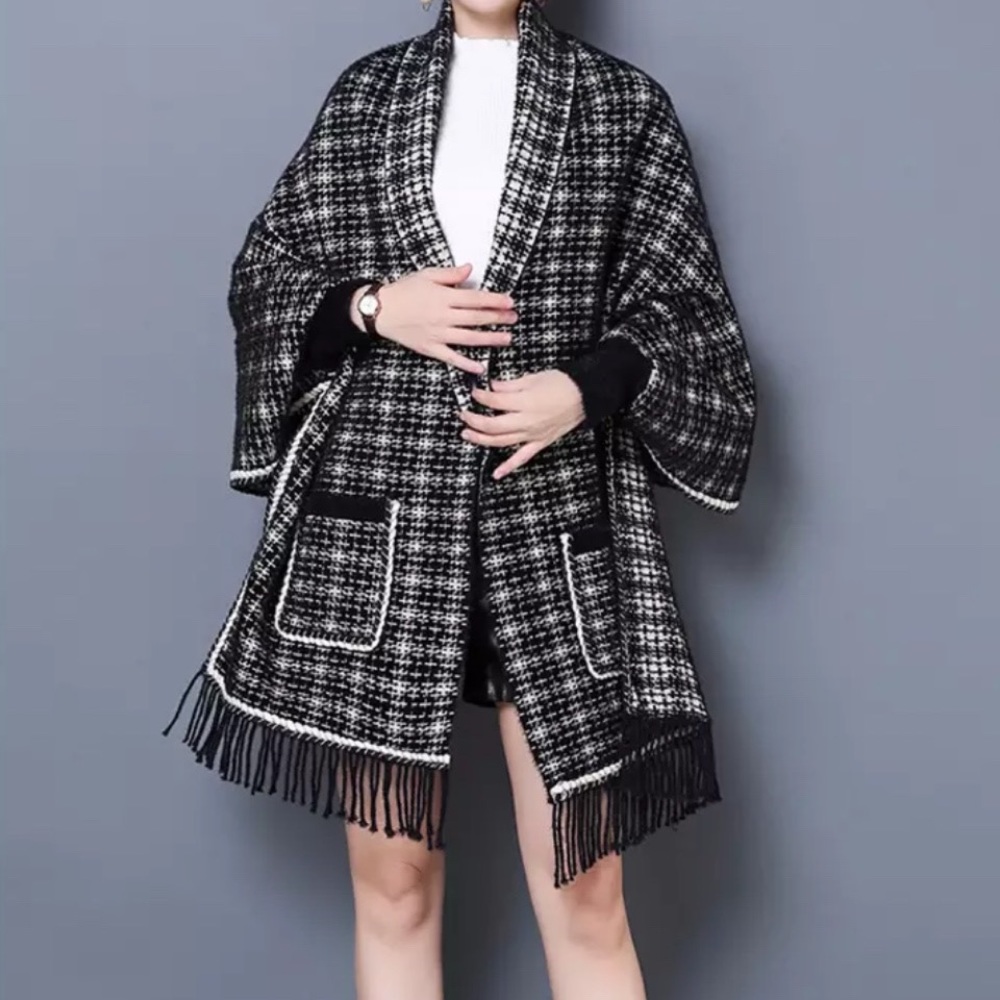Wool tweed plaid oversized ponchon cape cardigan